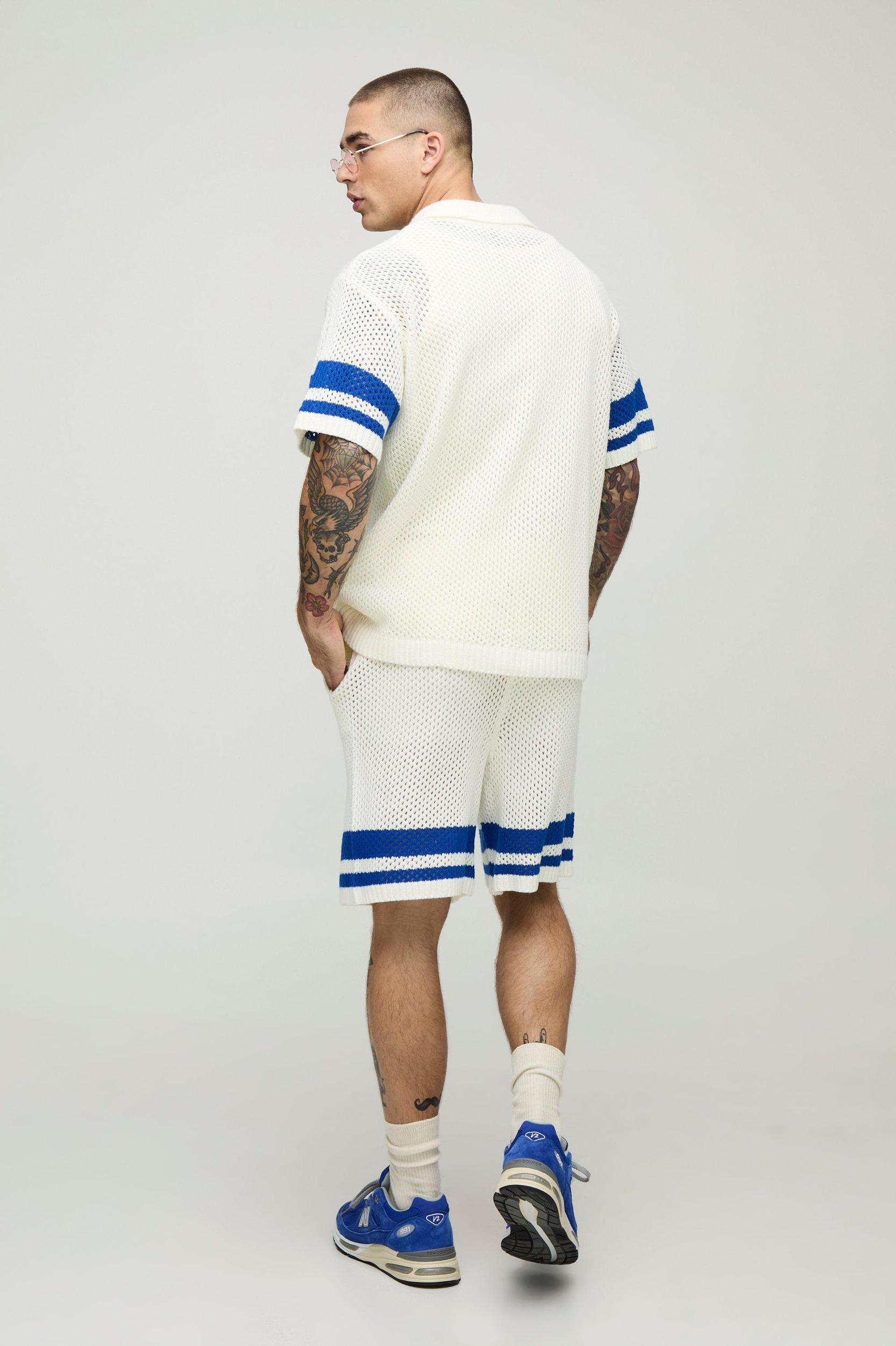 Boxy Fit Open Stitch Stripe Knitted Shirt | boohooMAN USA Product Image