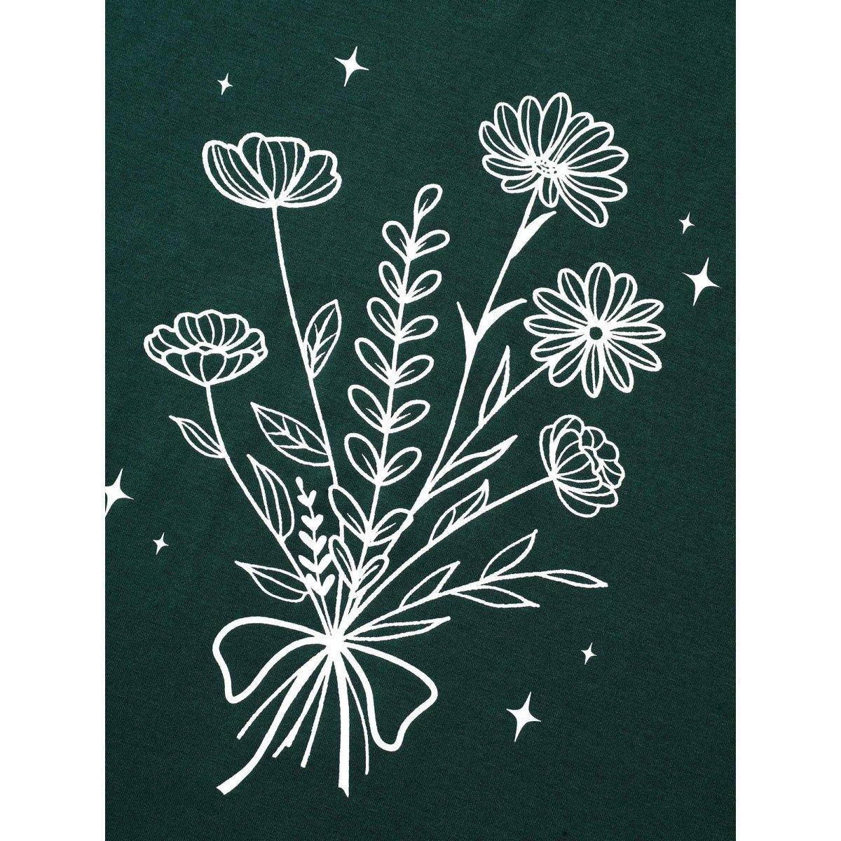 Plus Size Floral Motif Round Neck Fitted T-Shirt DarkGreen Women Casual Non Natural Flowers Round Neck Everyday T-shirts BloomChic 10/M Product Image