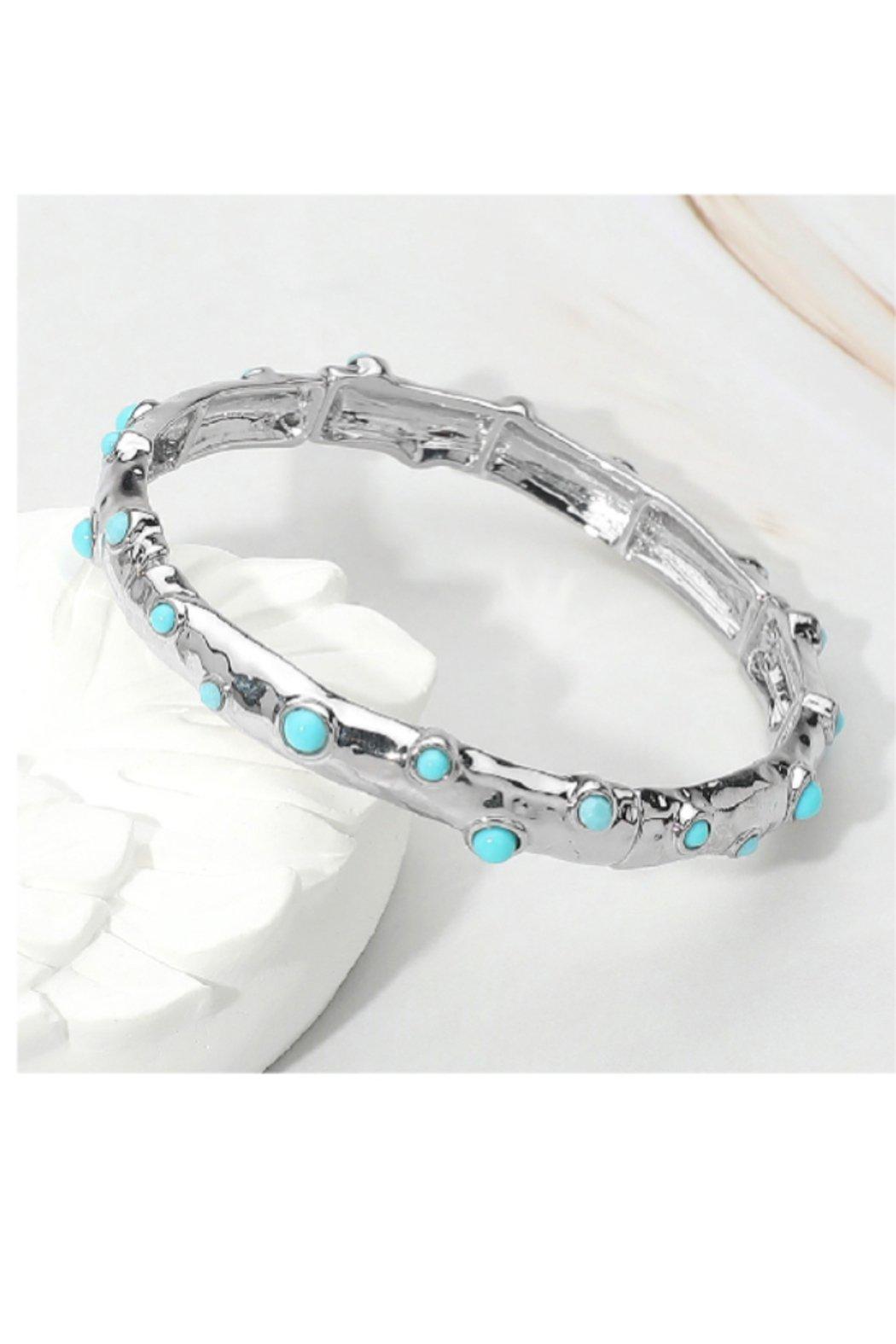 Turquoise Hammered Metal Bar Beaded Stretch Bracelet Product Image