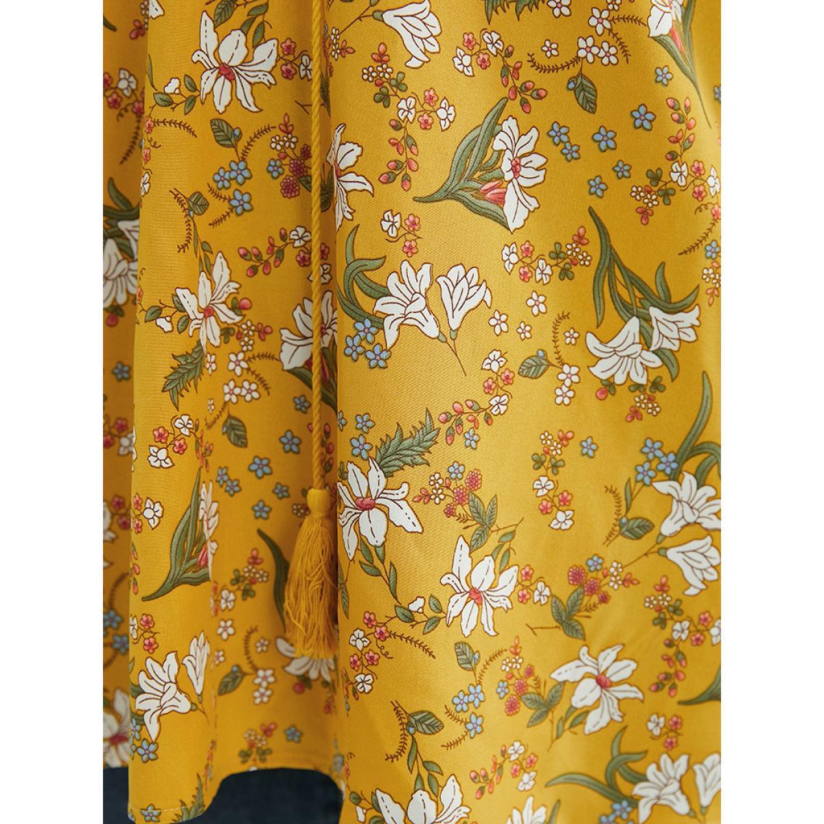 Plus Size Yellow Floral Tie Neck Tassels Frill Trim Ruffle Sleeve Blouse Women Elegant Short sleeve V-neck Dailywear Blouses BloomChic 18-20/2X Product Image