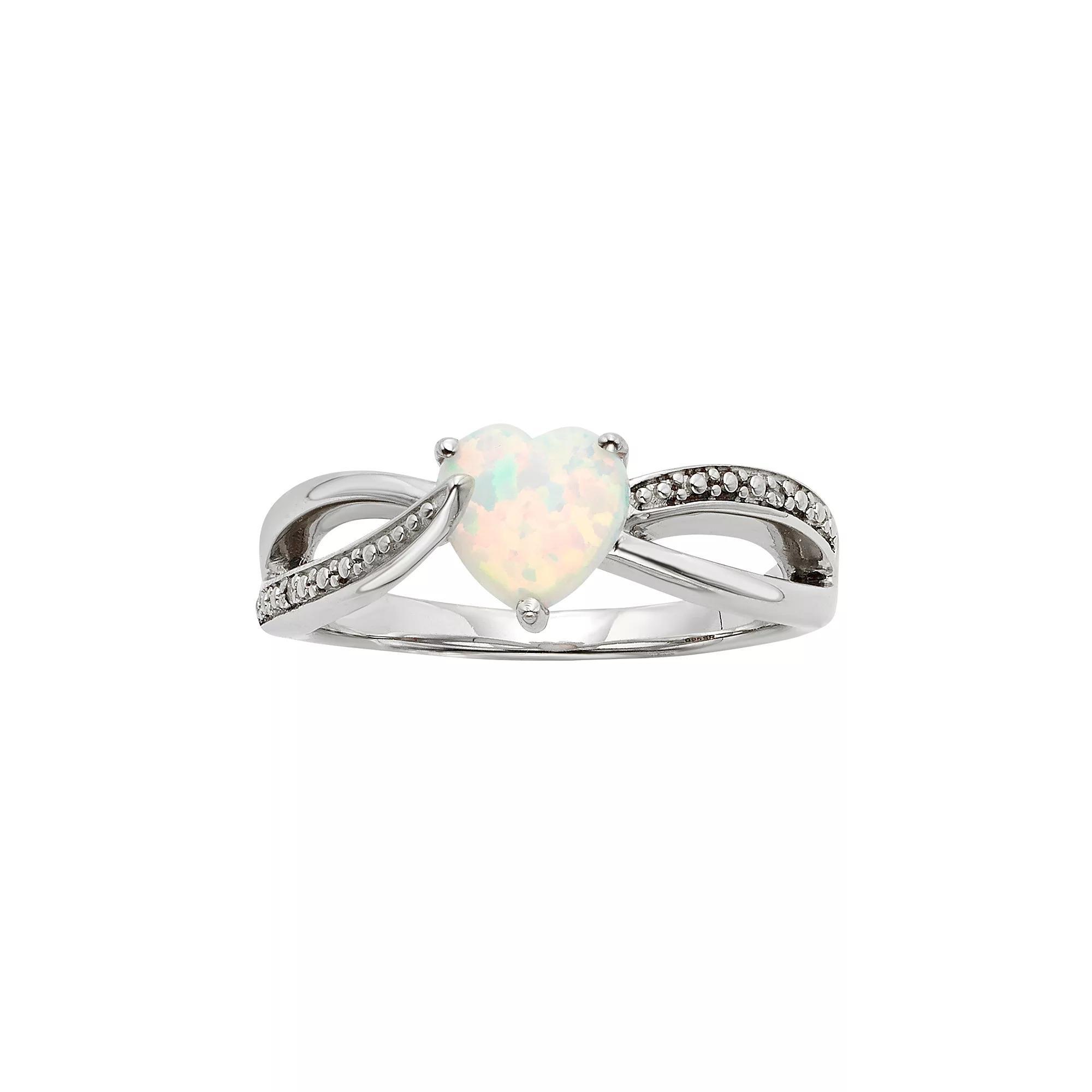 Lab-Created Opal and Diamond Accent Sterling Silver Heart Bypass Ring, Womens White Product Image