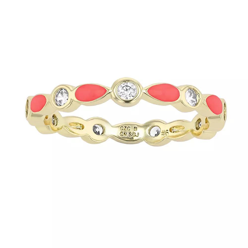 14k Yellow Gold Plated Clear Cubic Zirconia Colorful Marquise Enamel Stacking Ring, Womens, Red, 4 Product Image