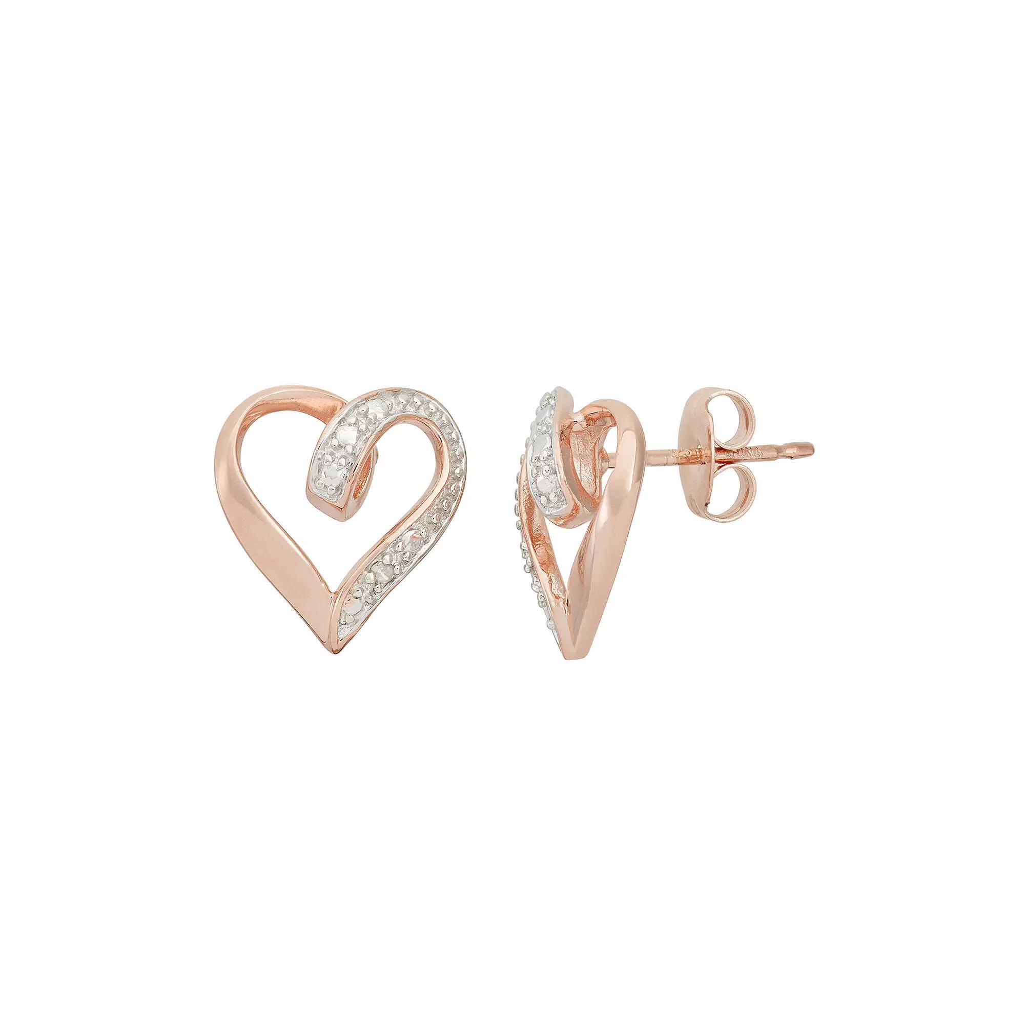 18k Rose Gold Over Silver Heart Stud Earrings, Women's, White Product Image