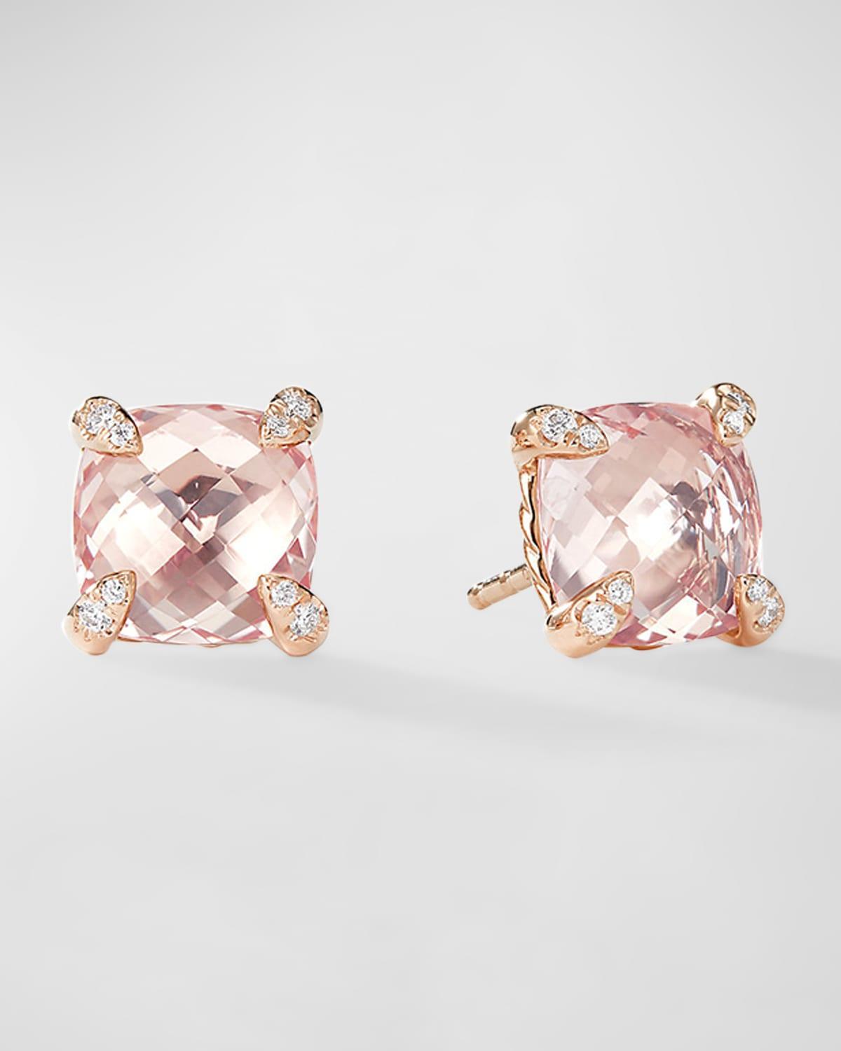 Womens Chatelaine Stud Earrings in 18K Rose Gold with Morganite and Diamonds, 8mm Product Image