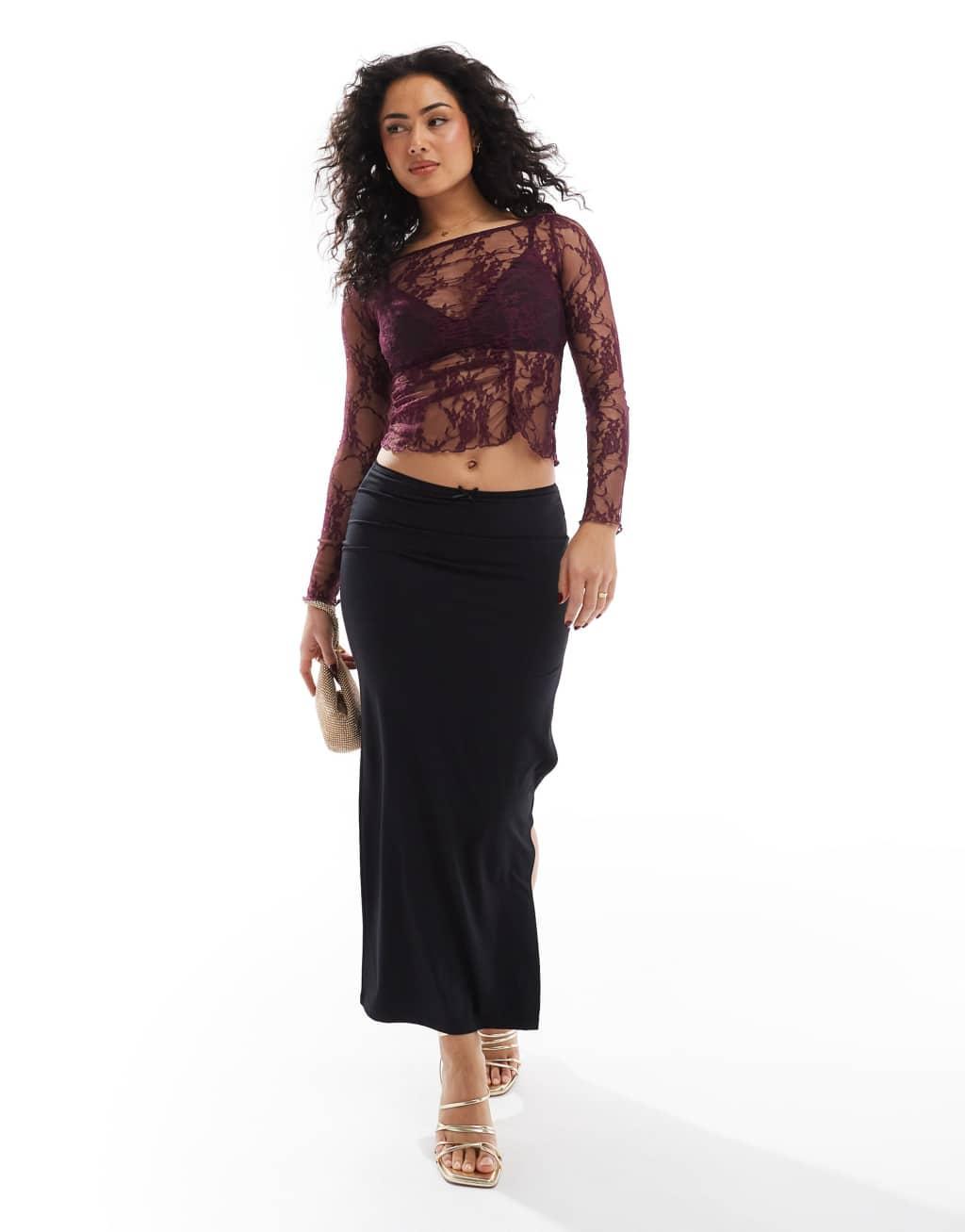 Pull&Bear long sleeve lace top with asymmetic seam detail in burgundy Product Image