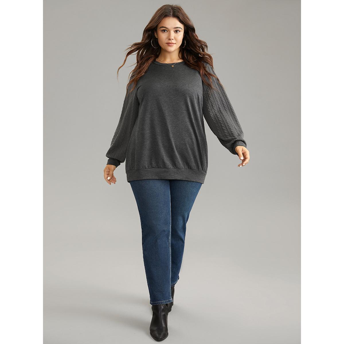 Plus Size Solid Cable Knit Crew Neck Sweatshirt Women Gray Elegant Texture Round Neck Dailywear Sweatshirts BloomChic 26/4X Product Image