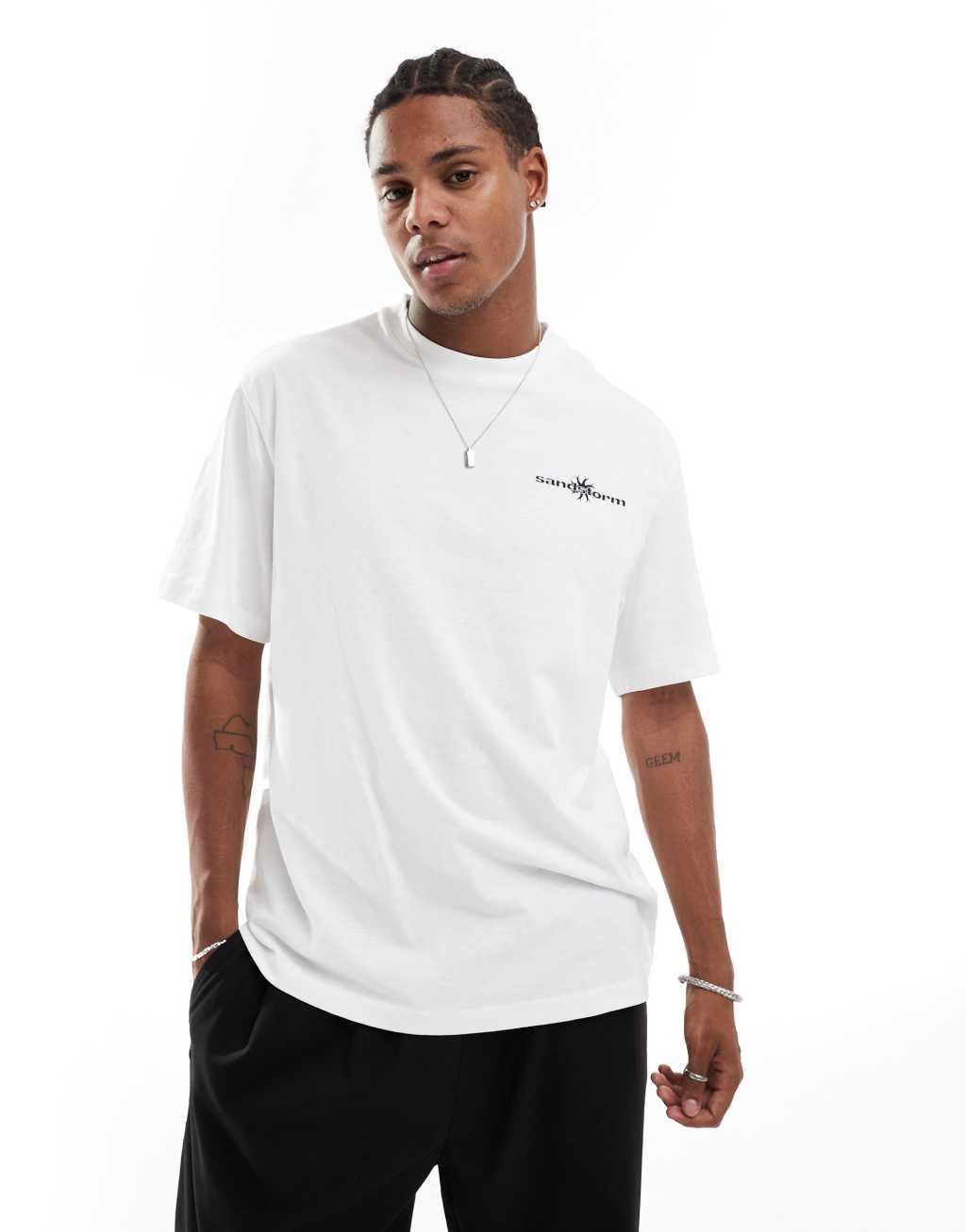 Bershka boxy fit sandstorm printed t-shirt in white Product Image