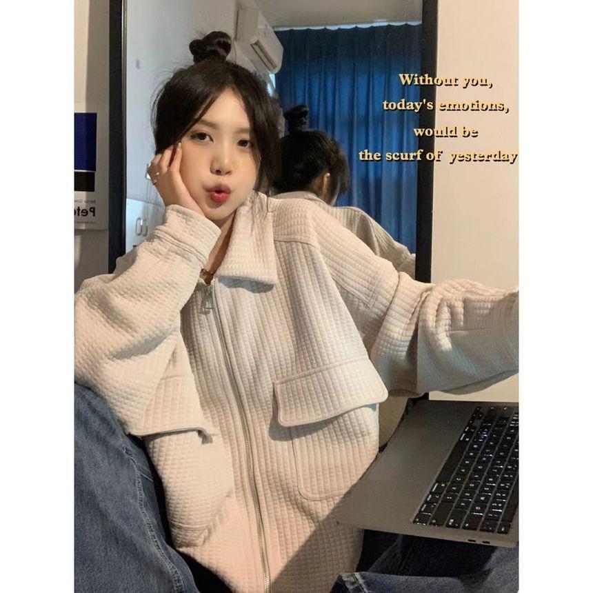 Collar Lettering Applique Zip Cardigan Product Image