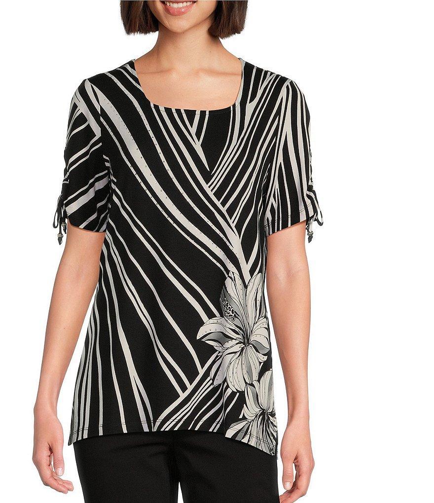 Allison Daley Petite Size Hibiscus Wave Print Short Ruched Tie Sleeve Square Neck Knit Top Product Image