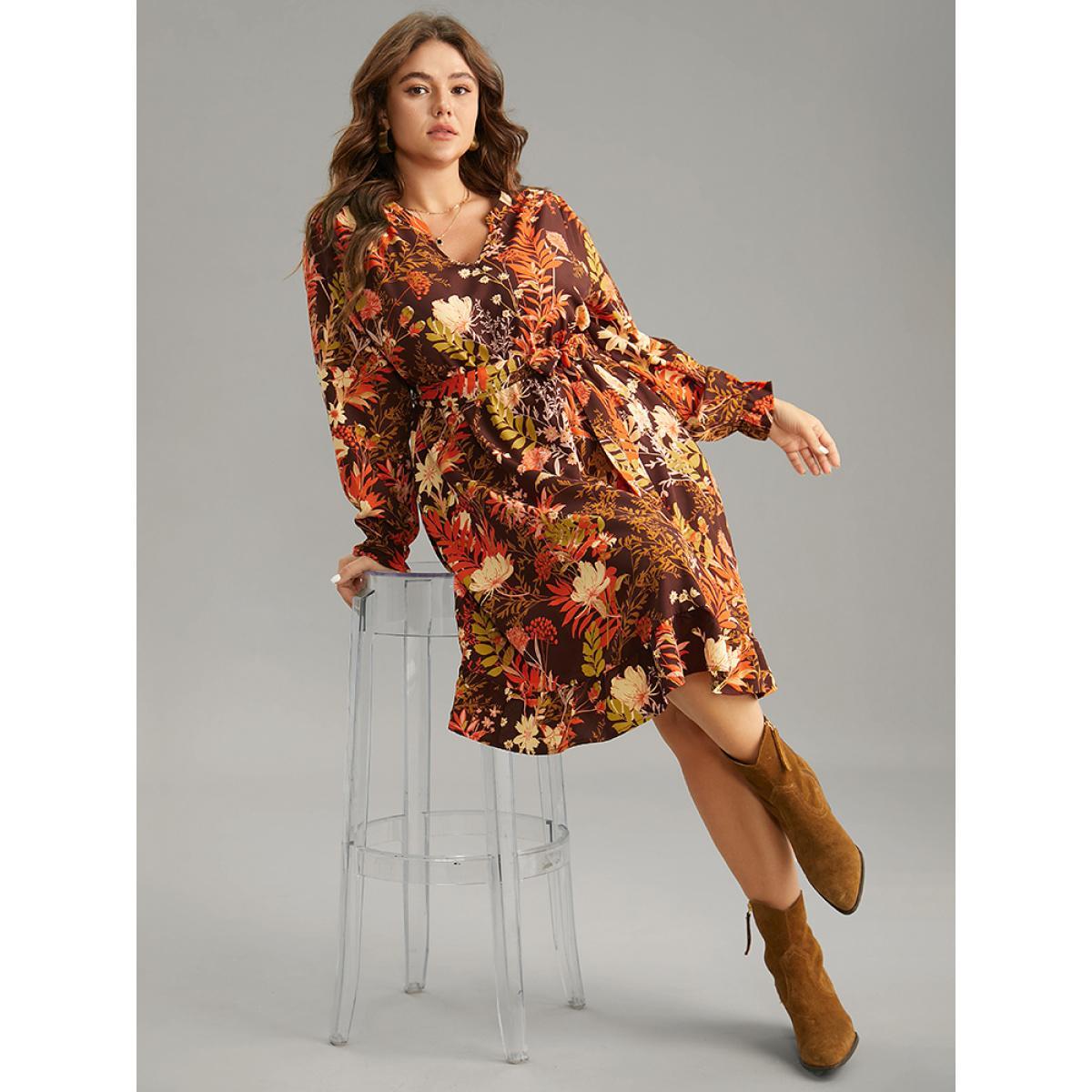 Plus Size Floral Belted Notched Lantern Sleeve Ruffles Dress Burgundy Women Casual Belted Notched collar Long Sleeve Curvy Midi Dress BloomChic 28/5X Product Image