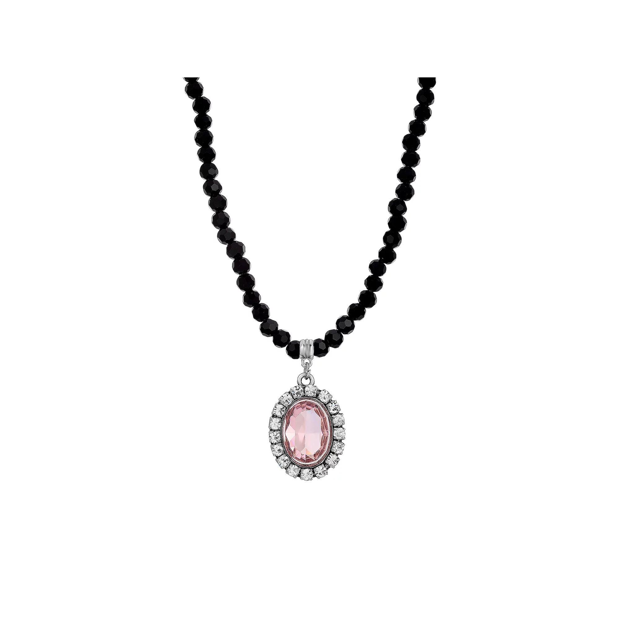 1928 Silver Tone Crystal Black Beaded Necklace, Womens, Blue Product Image