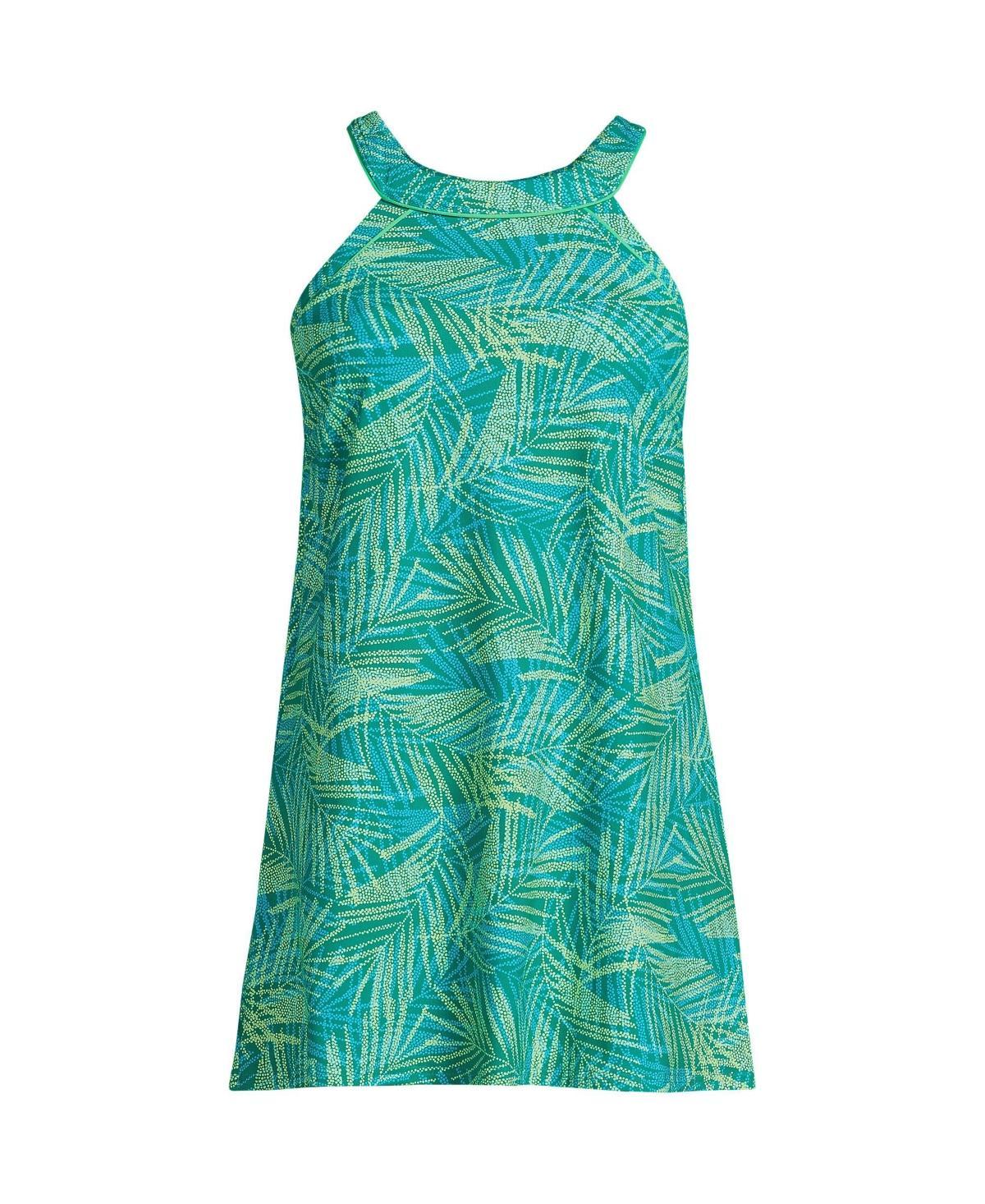 Womens Lands End UPF 50 High Neck One-Piece Swim Dress Blue Team Stripe Product Image