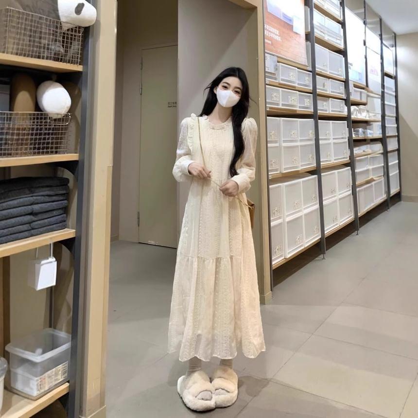 Long-Sleeve Frill Trim Lace Midi A-Line Dress Product Image