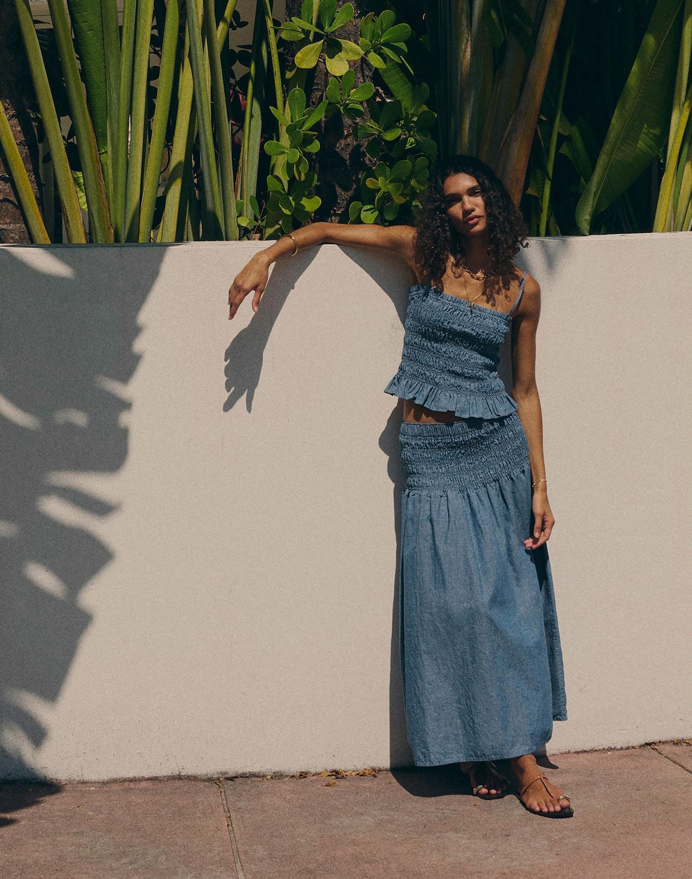 Smocked-Waist Denim Midi Skirt Product Image
