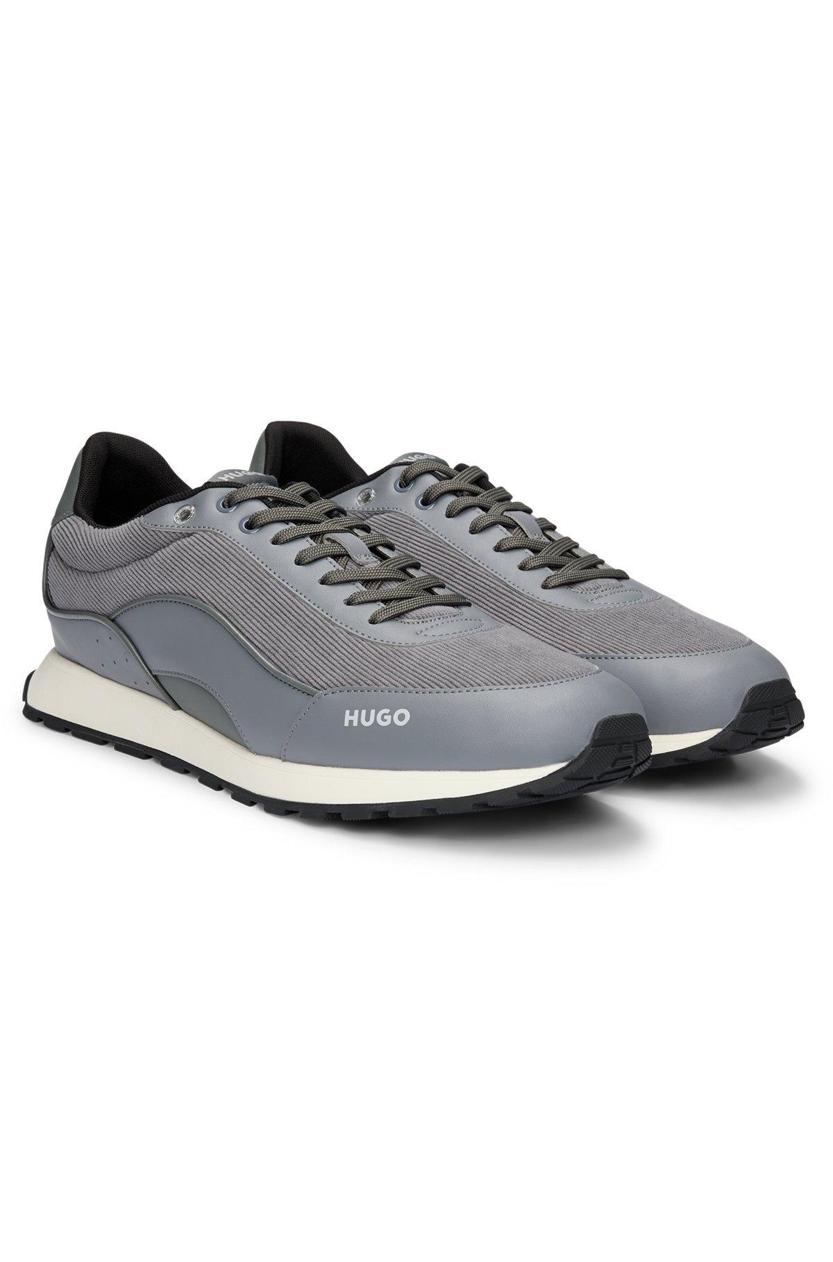 HUGO - Mixed-material trainers with corduroy-effect trims - Grey Product Image