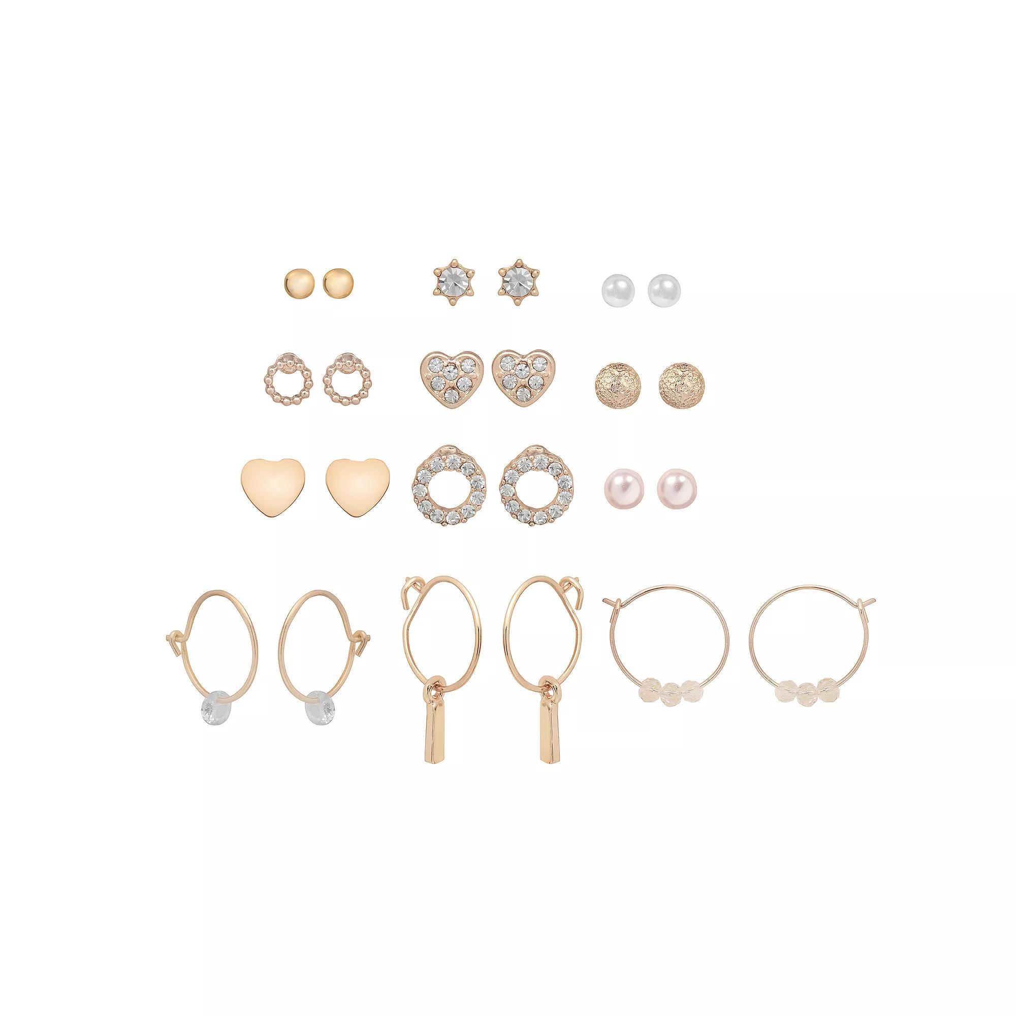 LC Lauren Conrad Gold Tone Crystal & Simulated Pearl Pave Icon Earrings 12-pack Set, Women's, Clear Product Image