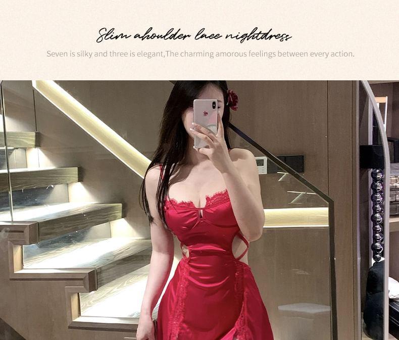 Plain Slit Tie Back Panel Lace Babydoll / Fishnet Stockings / Set Product Image
