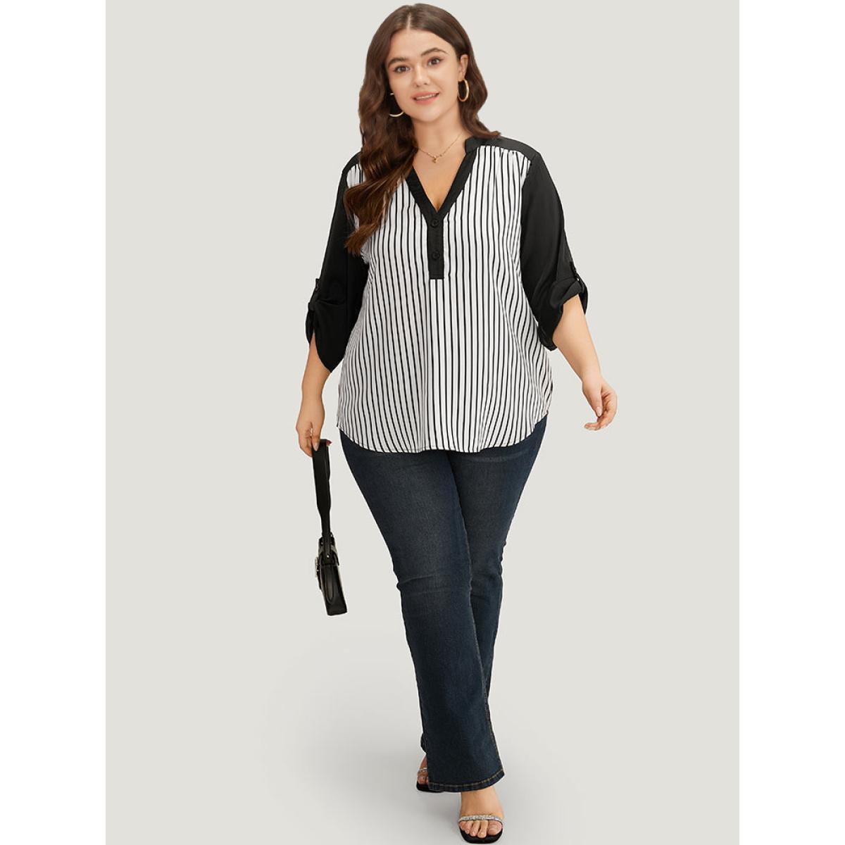 Plus Size Black Striped Patchwork Tab Sleeve Blouse Women Office Elbow-length sleeve V-neck Work Blouses BloomChic 10/M Product Image