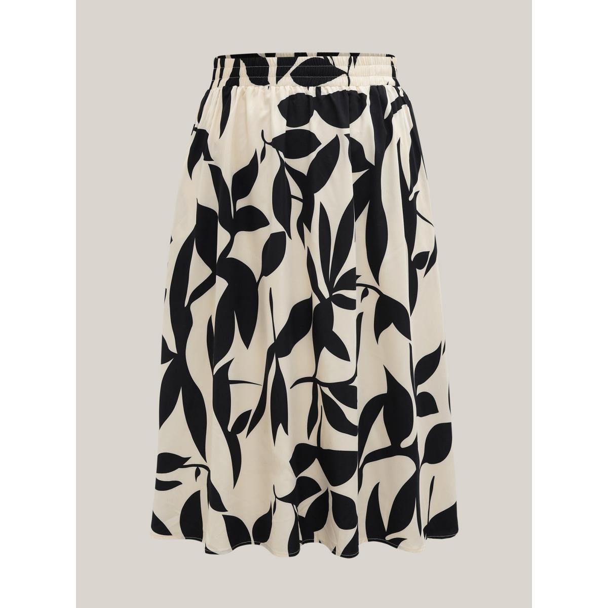 Plus Size Leaf Print Stretchy-Waist Midi Skirt Women Apricot Elegant Contrast Loose No stretch Slanted pocket Everyday Skirts BloomChic 28/5X Product Image