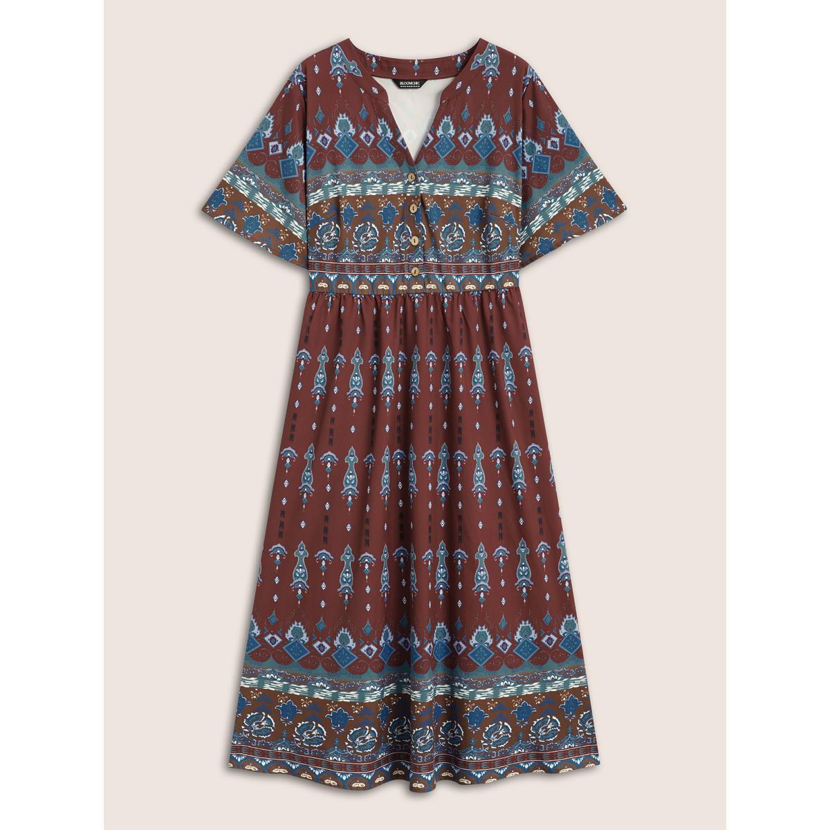 Plus Size Bandana Print Notched Button Detail Dress Scarlet Women Resort Gathered Notched collar Short sleeve Curvy BloomChic 26/4X Product Image