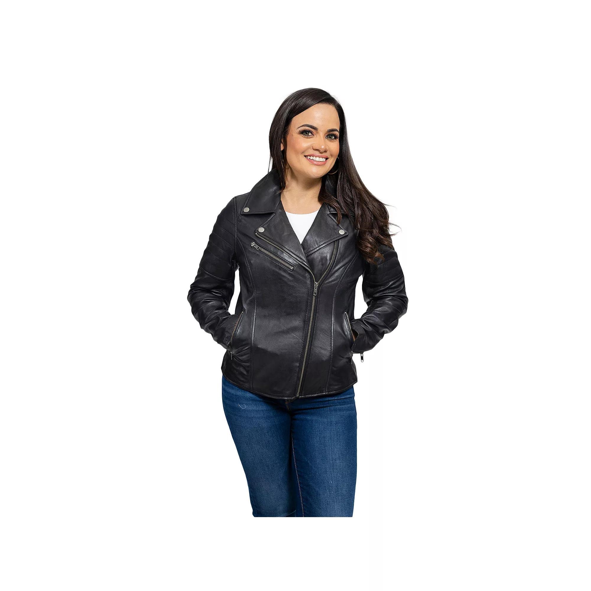 Women's Whet Blu Asymmetrical Moto Leather Jacket, Size: XXL, Black Product Image