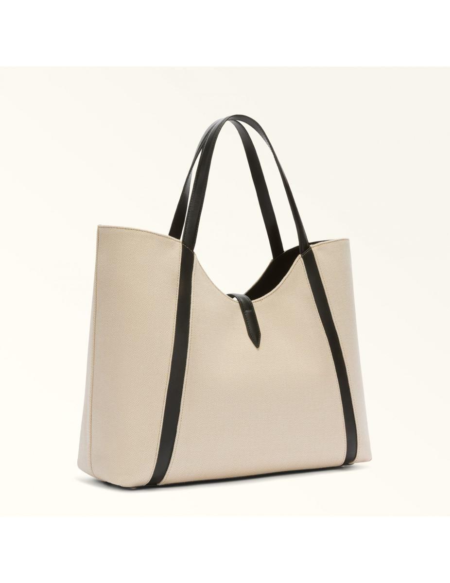 FURLA Shopping Drop Xl In Canvas And Leather In Natural / Black Product Image