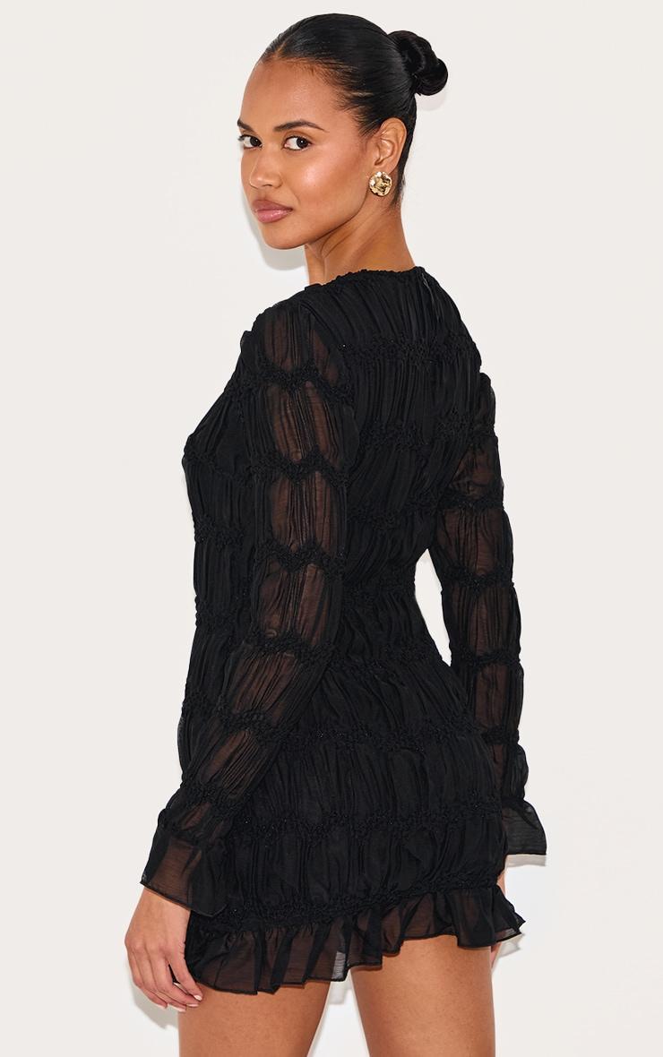 Black Textured Long Sleeve Crew Neck Mini Dress Product Image