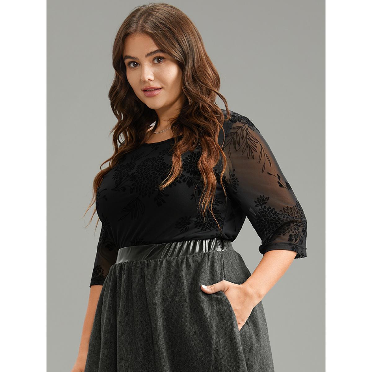 Plus Size Black Flocking Round Neck Crochet Lace Mesh T-shirt Women Office Elbow-length sleeve Round Neck Work Blouses BloomChic 12/L Product Image