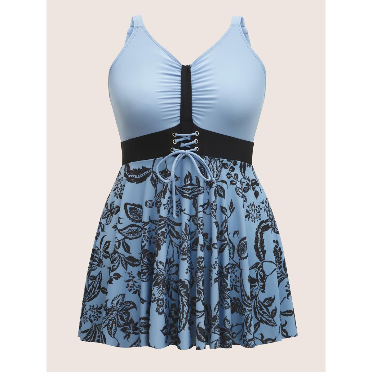Plus Size Silhouette Floral Print Ruched Lace Up Swim Dress Women's Swimwear Stone Beach Bodycon V-neck High stretch Curve Swim Dresses BloomChic 30/6X Product Image