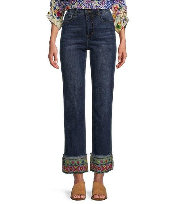 John Mark Embroidered Hem Straight Leg Cuffed Jeans Product Image