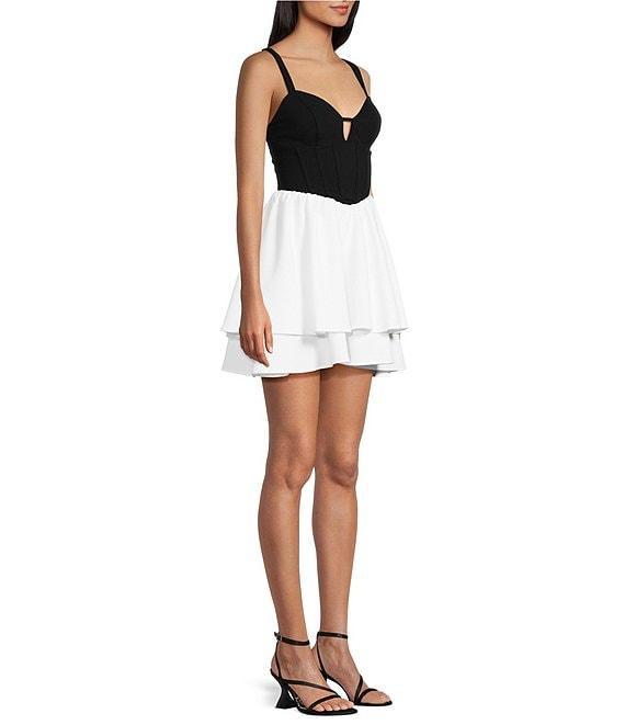 City Vibe Plunge Neck Sleeveless Corset Bodice 2-Tone Layered Dress Product Image