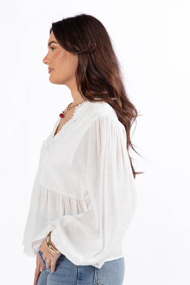 Glistening Lights Ivory Lace Detail Woven Long Sleeve Blouse SALE Product Image