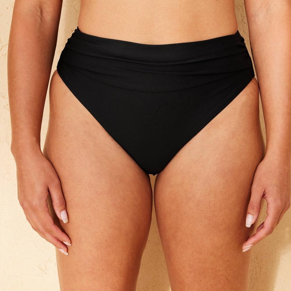 Womens Mid-Rise Shirred Waistband Bikini Bottom - Shade & Shore Black L: Solid Coverage, Pull-On Style Product Image