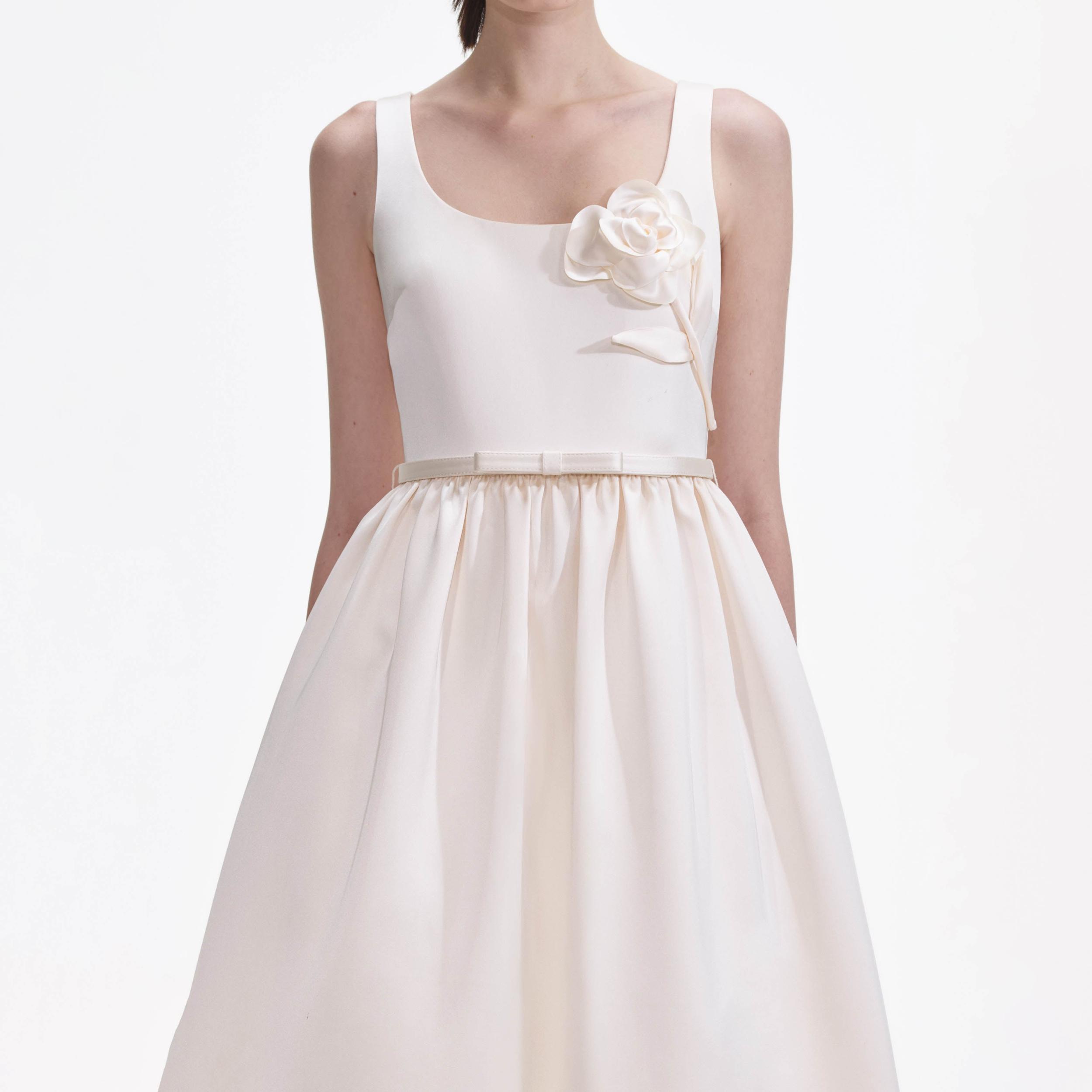 Cream Satin Flower Midi Dress Product Image