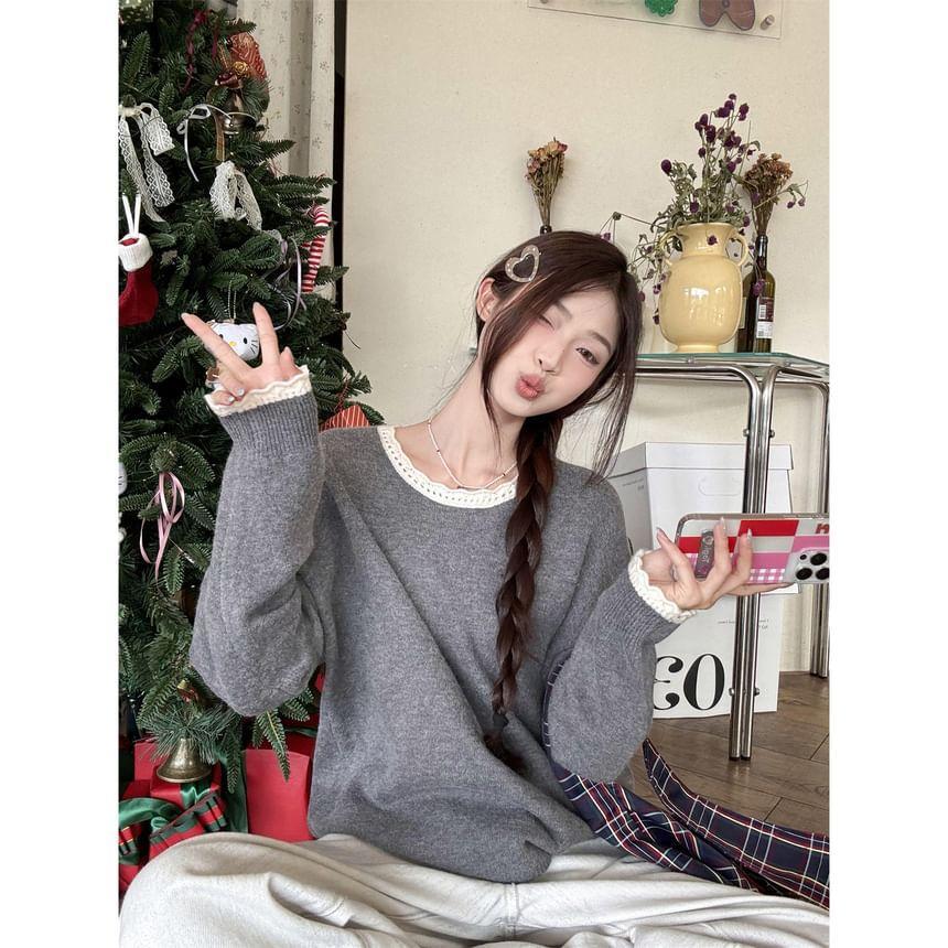 Crew Neck Plain Lace Trim Sweater Product Image