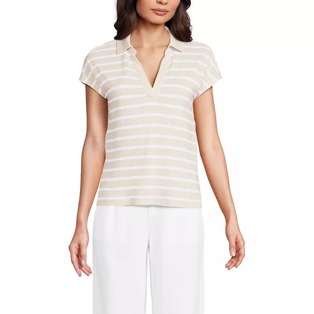 Women's Lands' End Linen Blend Johnny Collar Polo Shirt, Size: Medium, Brown Breton Stripe Product Image