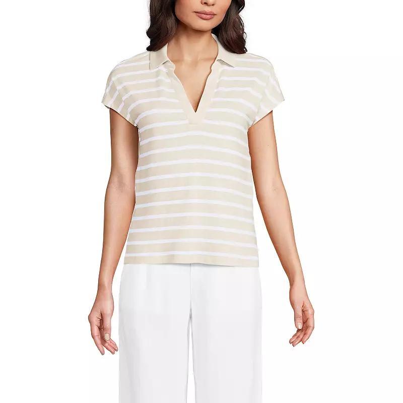 Women's Lands' End Linen Blend Johnny Collar Polo Shirt, Size: Medium, Brown Breton Stripe Product Image