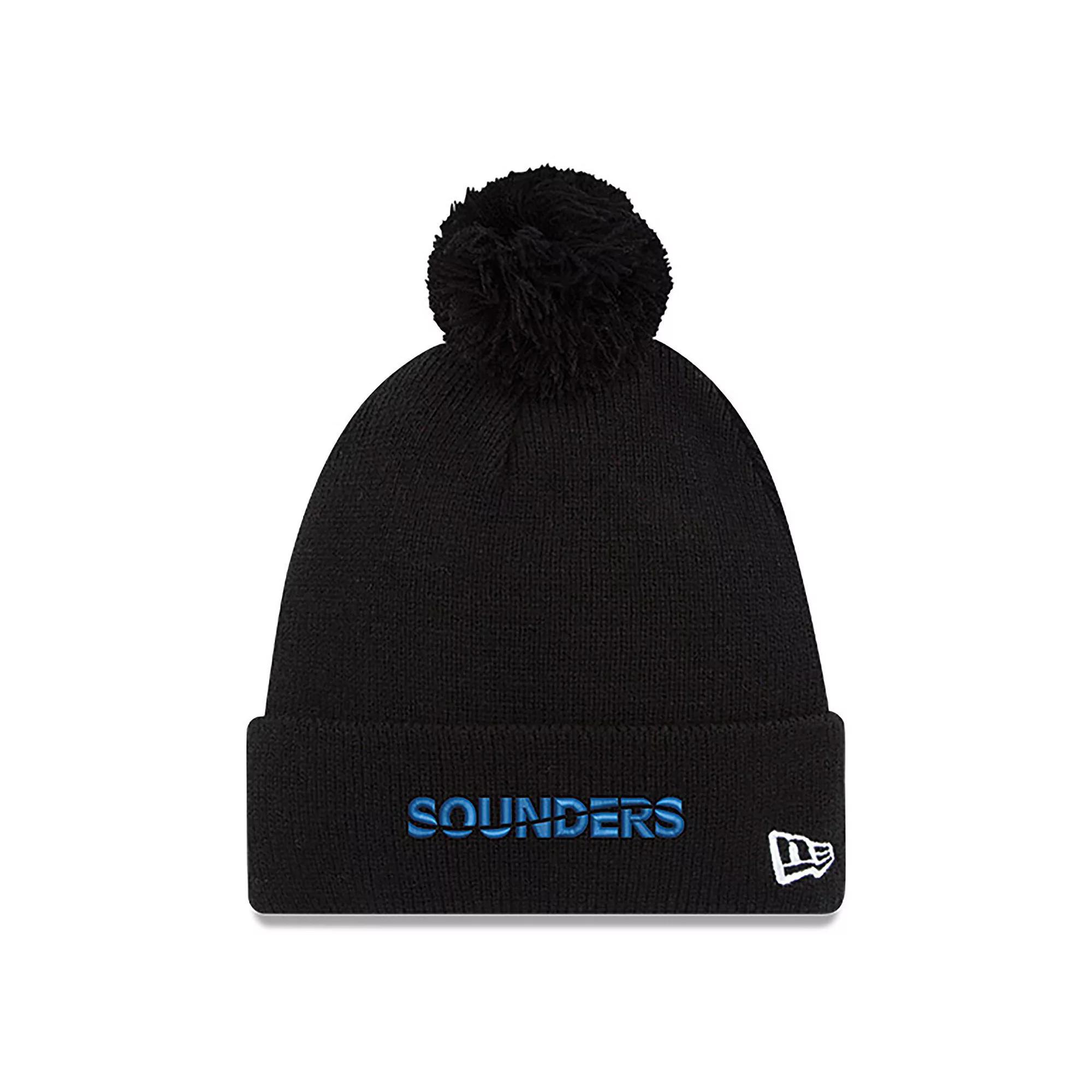 Men's New Era  Black Seattle Sounders FC  Wordmark Pom Cuffed Knit Hat Product Image
