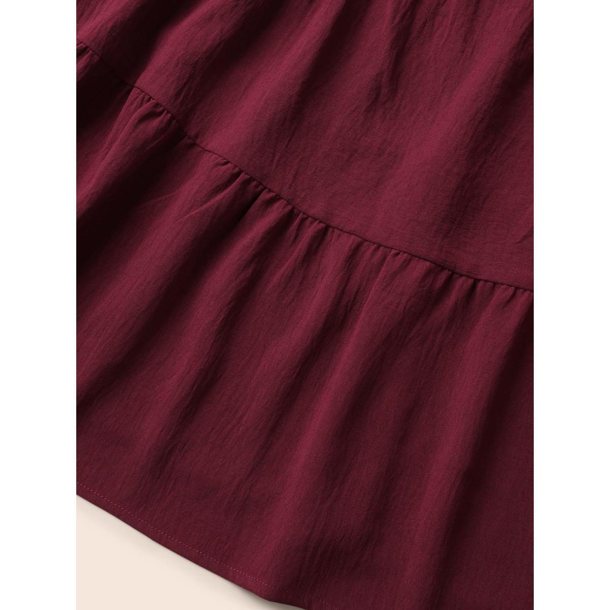 Plus Size Burgundy Solid Layered Hem Ruffle Cap Sleeve Blouse Women Elegant Cap Sleeve V-neck Everyday Blouses BloomChic 14-16/1X Product Image
