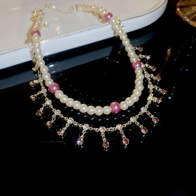 Faux Pearl Rhinestone Fringed Layered Necklace Product Image