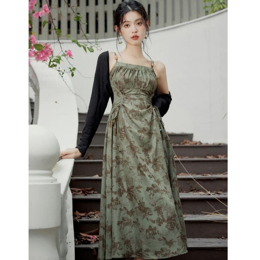Set: Spaghetti Strap Floral Maxi A-Line Dress + Long Sleeve Shrug Product Image
