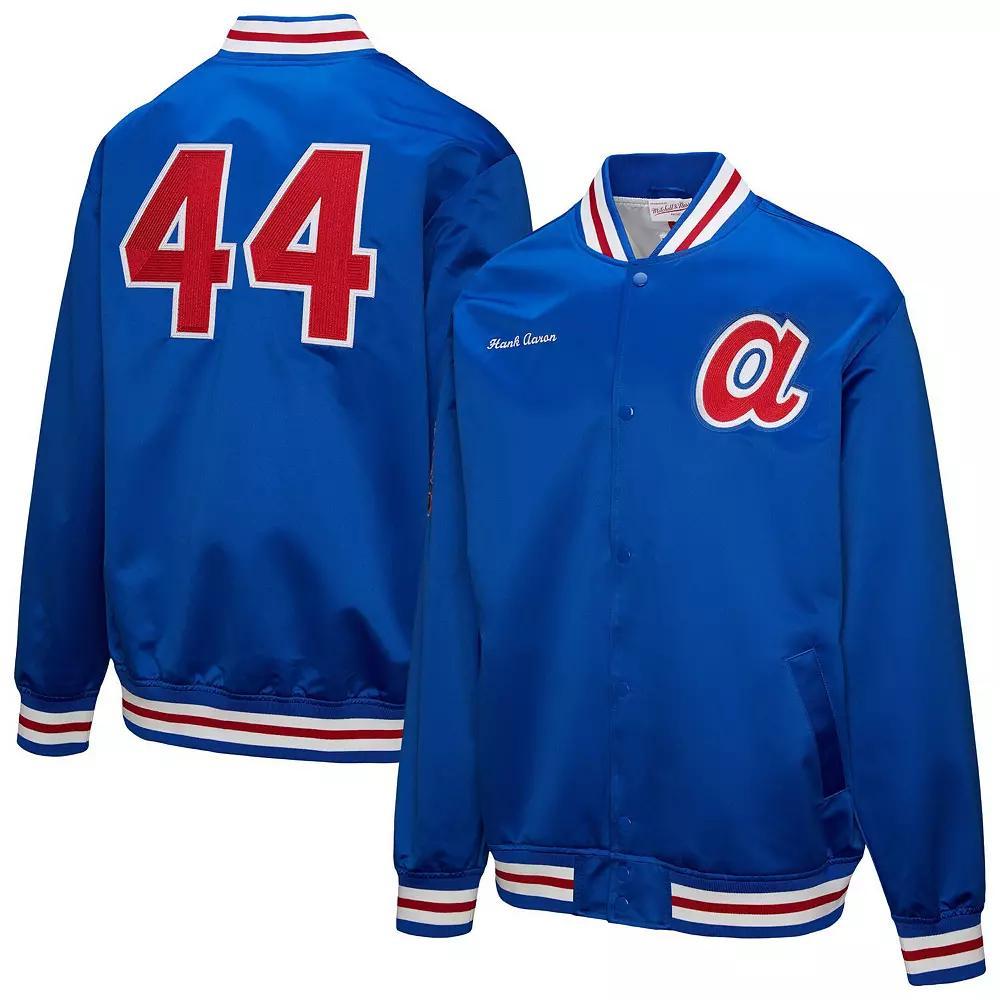 Men's Mitchell & Ness Hank Aaron Royal Atlanta Braves Legends Collection Vintage Satin Full-Snap Jacket, Size: Small, Blue Product Image