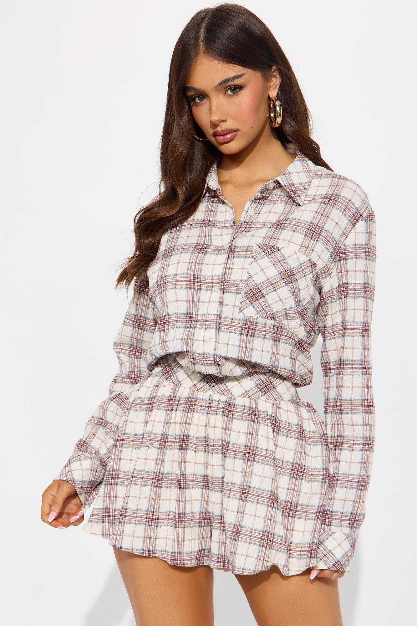 There's Always Today Plaid Long Sleeve Romper - Oatmeal/combo Product Image