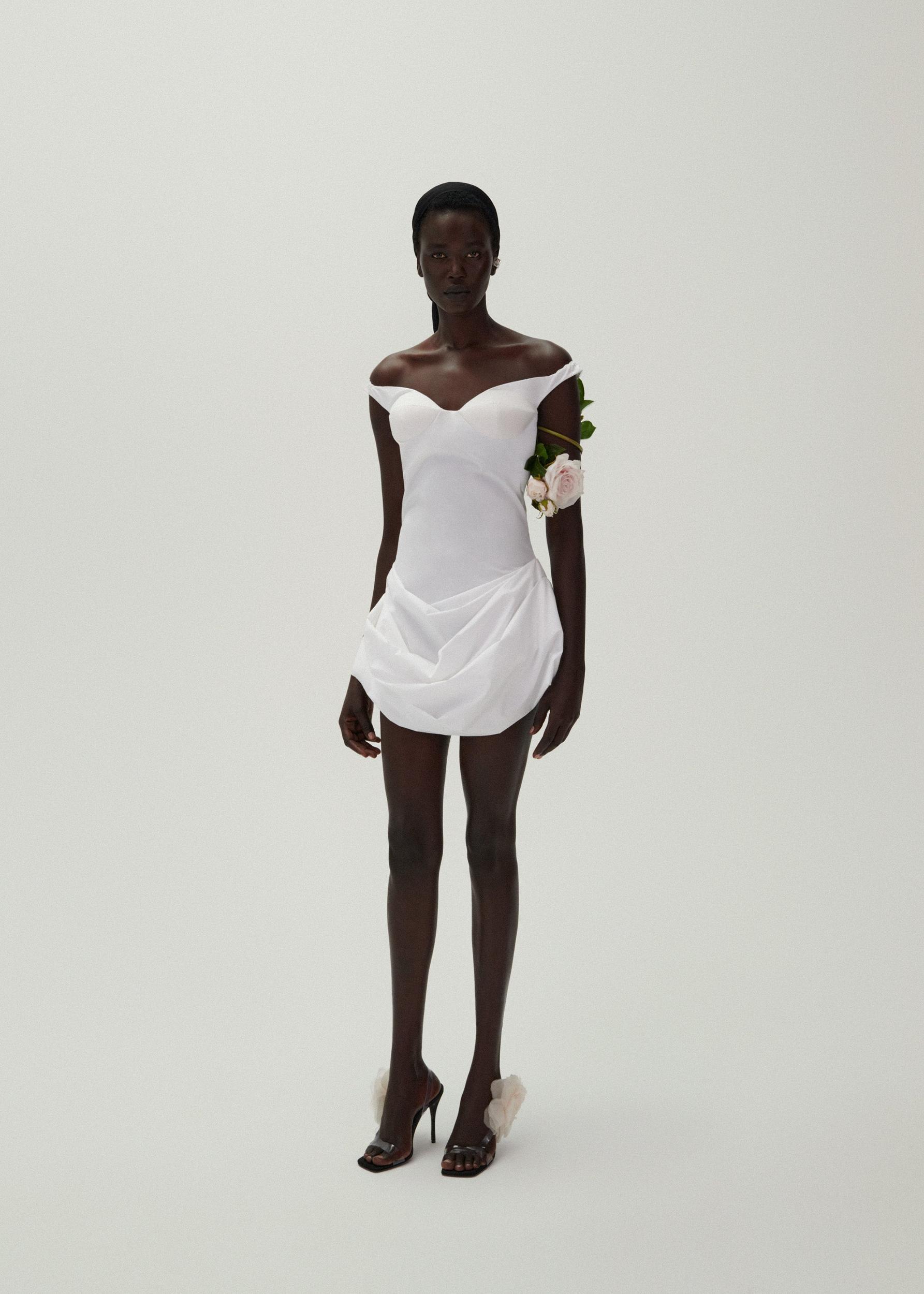 Off shoulder draped cotton mini dress in white Product Image