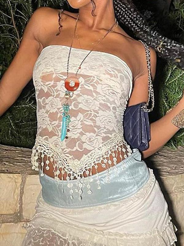 Strapless Lace Irregular Fringe Bandeau Top Product Image