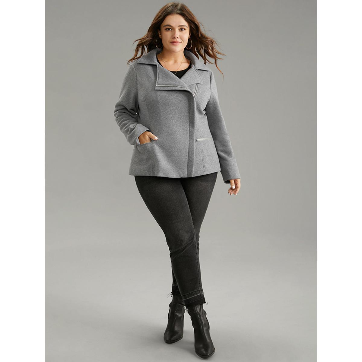 Plus Size Solid Zipper Asymmetrical Pocket Lapel Collar Coat Women Gray Casual Lined Ladies Dailywear Winter Coats BloomChic 30/6X Product Image