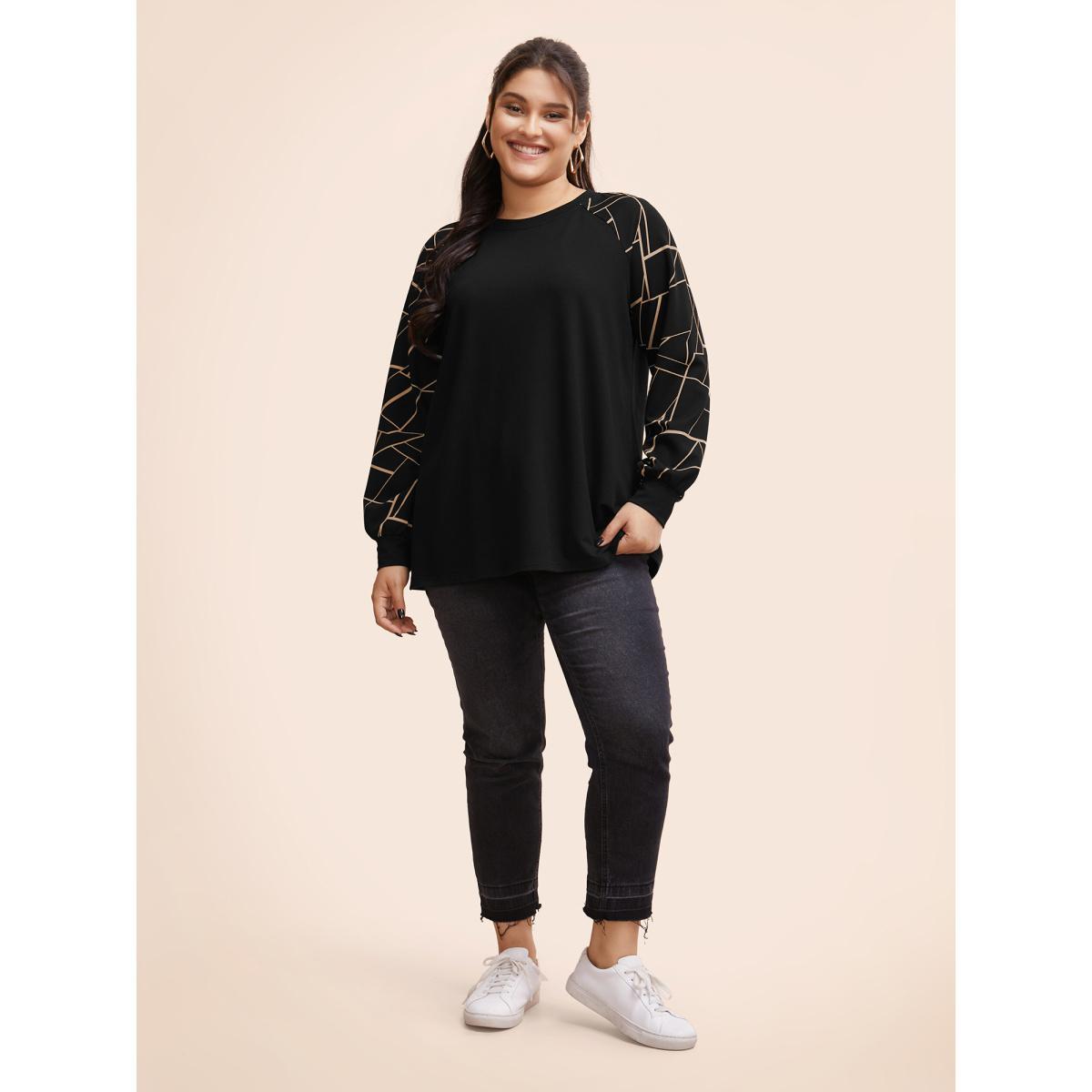 Plus Size Geometric Round Neck Raglan Sleeve Sweatshirt Women Multicolor Casual Elastic cuffs Round Neck Dailywear Sweatshirts BloomChic 30/6X Product Image