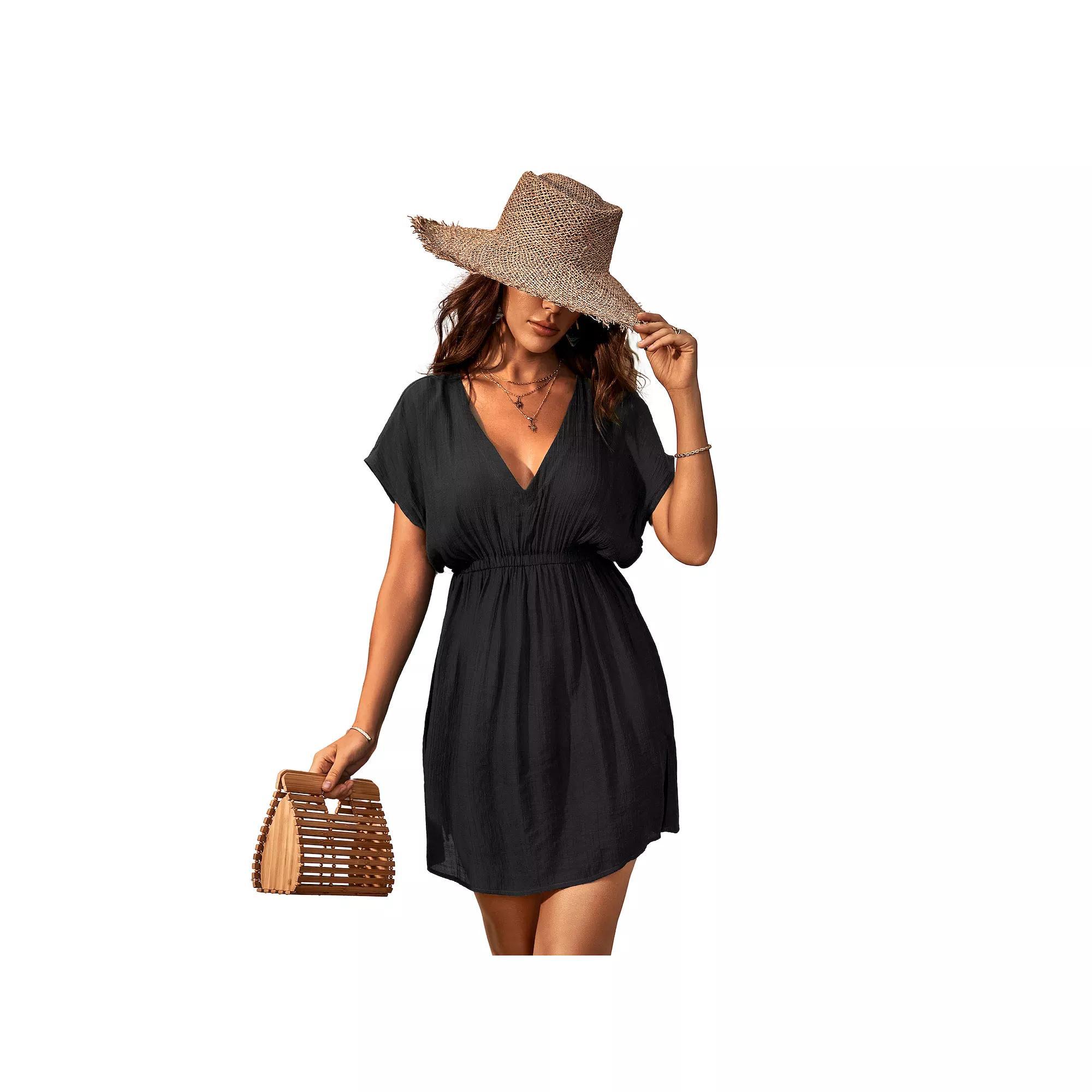 Women's Cupshe Dolman Sleeve V-Neck Elastic Waist Mini Swim Cover-Up Dress, Size: Large, Blue Product Image