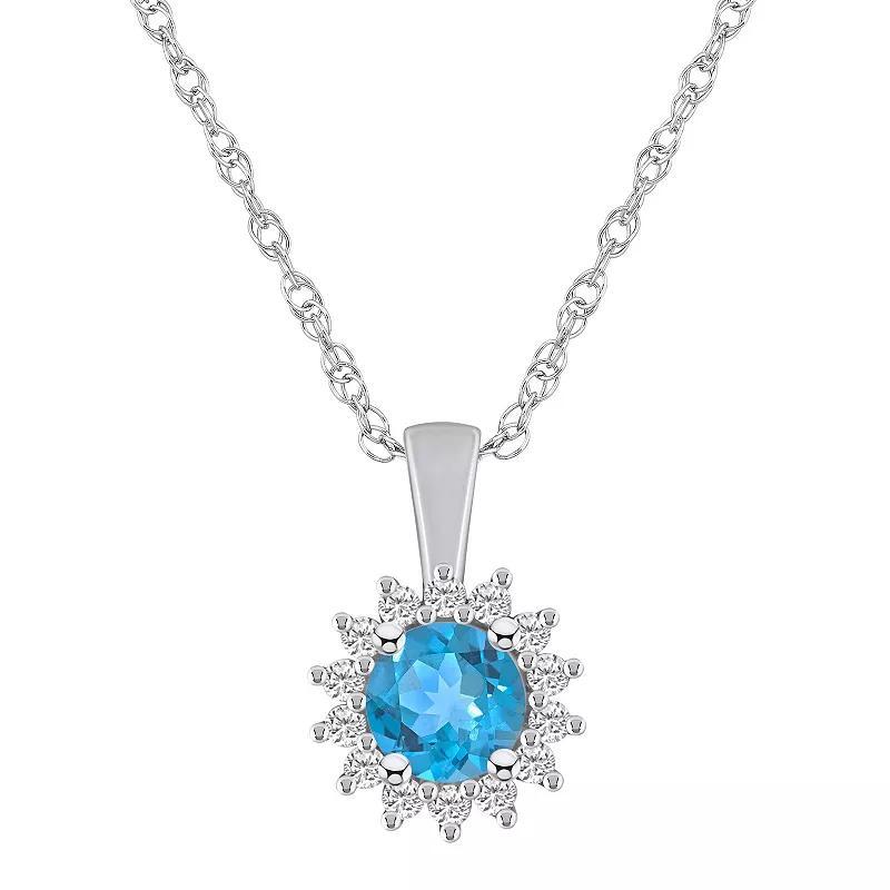 Alyson Layne 14k White Gold Round Blue Topaz & 1/4 Carat T.W. Diamond Halo Pendant Necklace, Womens Product Image