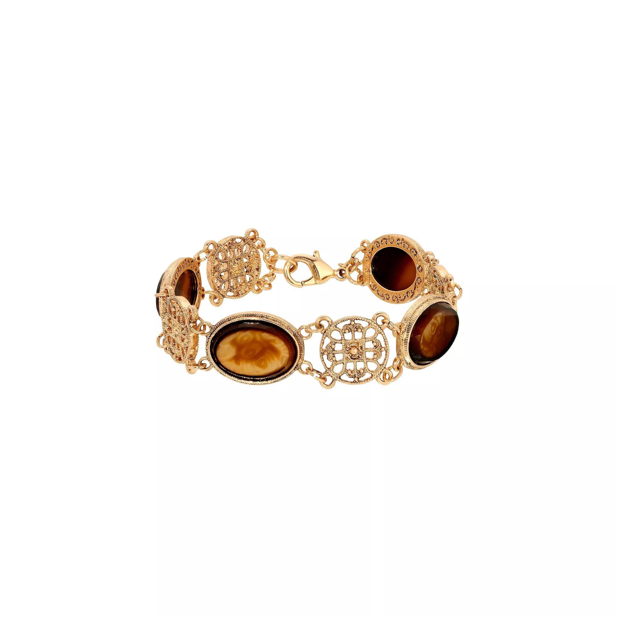 1928 Gold Tone Oval Topaz Glass Stones & Round Filigree Link Bracelet, Womens, Brown Product Image